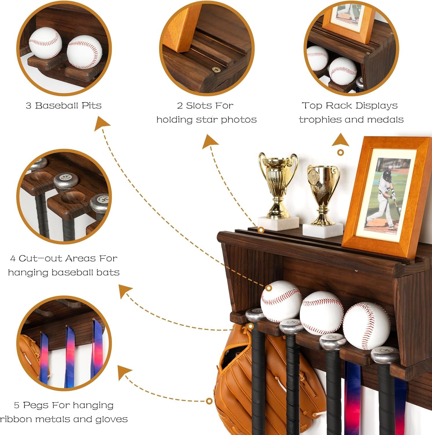 Baseball Bat Holder, Wall-Mounted Medal Hanger Trophy Display Shelf, Sports Memo