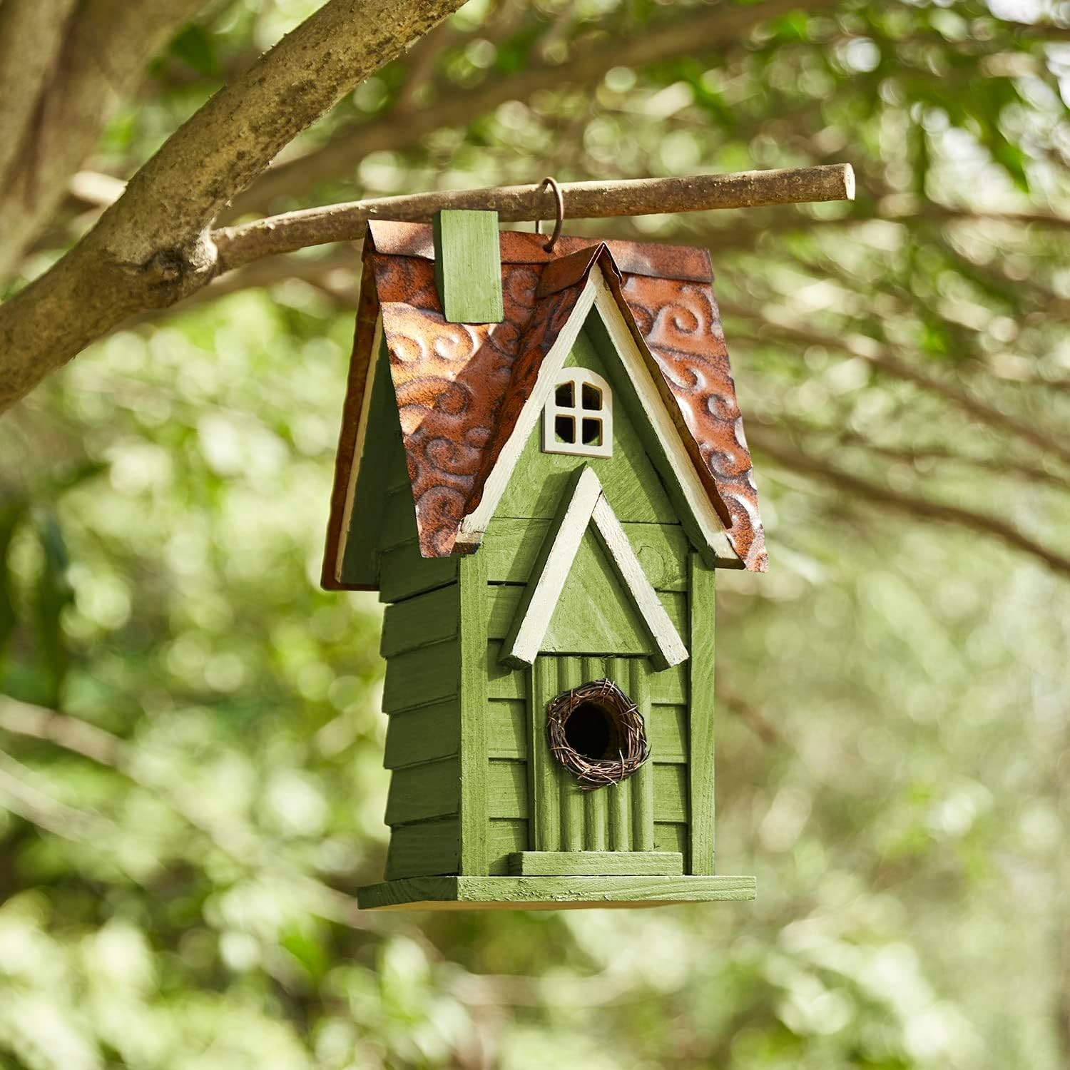 12″ H Green Hanging Distressed Solid Wood Garden Bird House Decorative Birdhouse