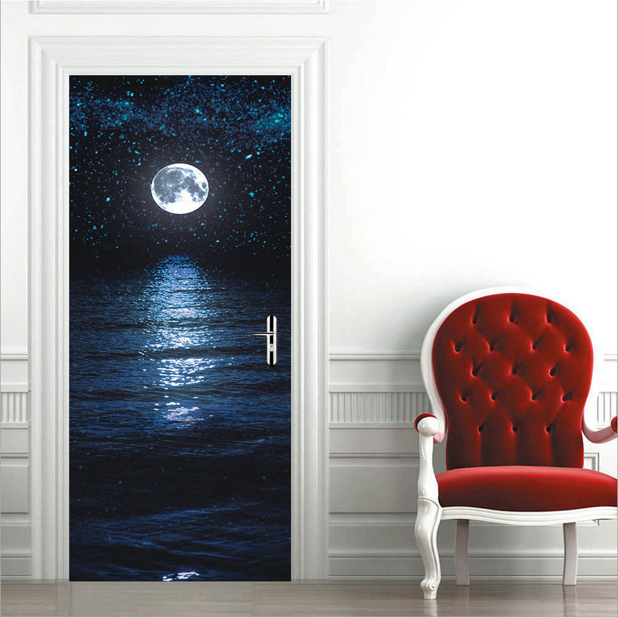 PVC Night Starry Sky Sea Moon Door Sticker Wall Decals Mural 3D Art Wallpaper
