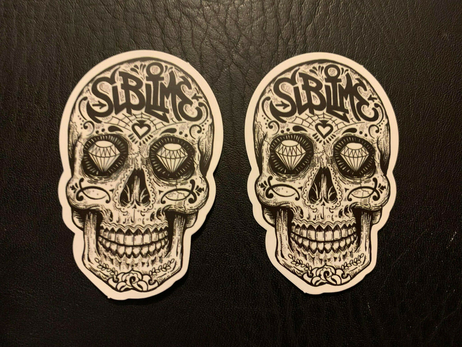 Lot of 2 SUBLIME 1 1/2″ x 2 1/2″ Band Logo STICKERS Black White Skull FAST FREE