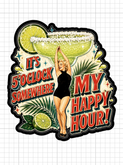 (2) Vintage Pinup Girl Sticker 5 O’Clock Happy Hour Margarita Vinyl Decal