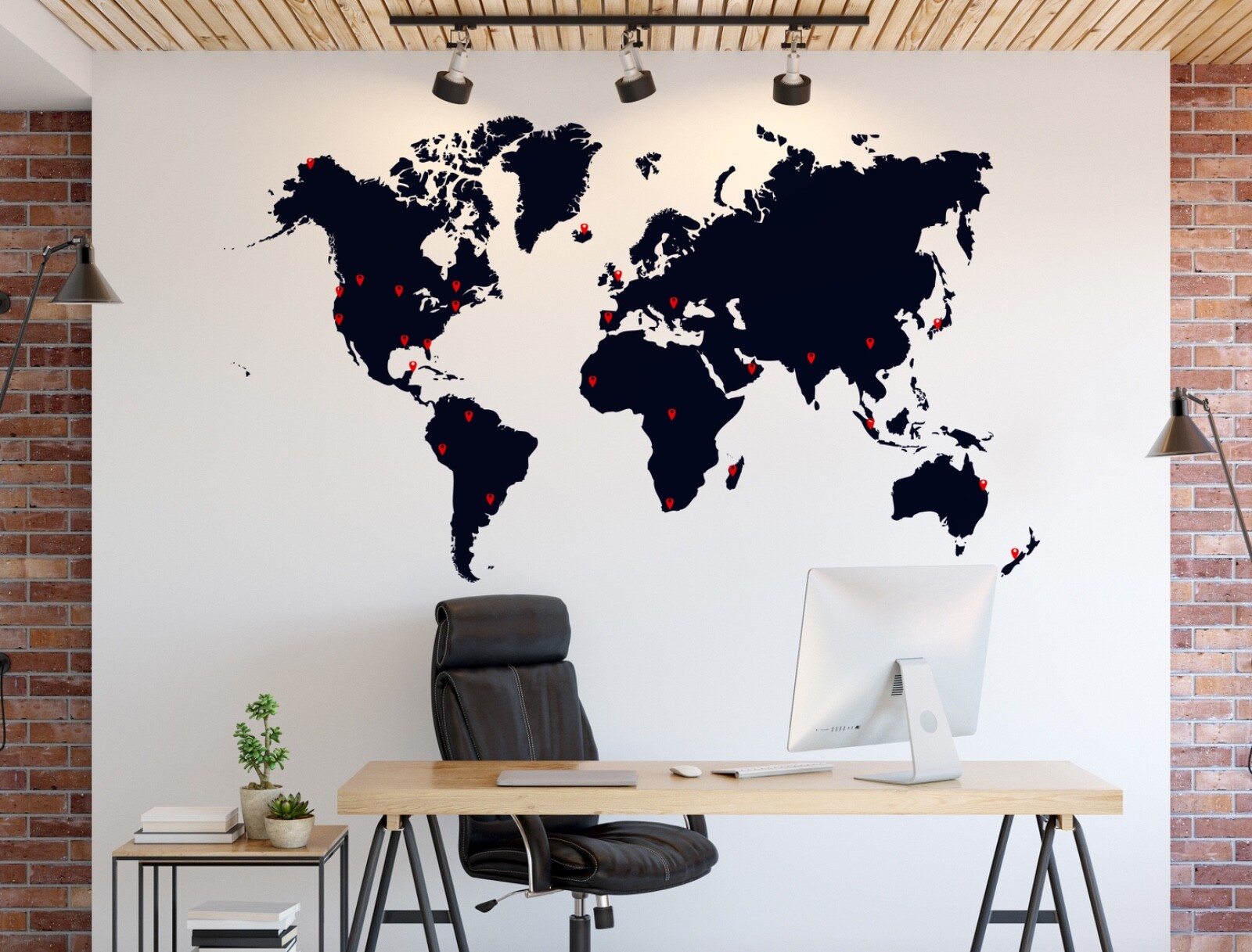 World Map Vinyl Wall Decal Sticker. Includes Location Pins. Office Wall Map #873