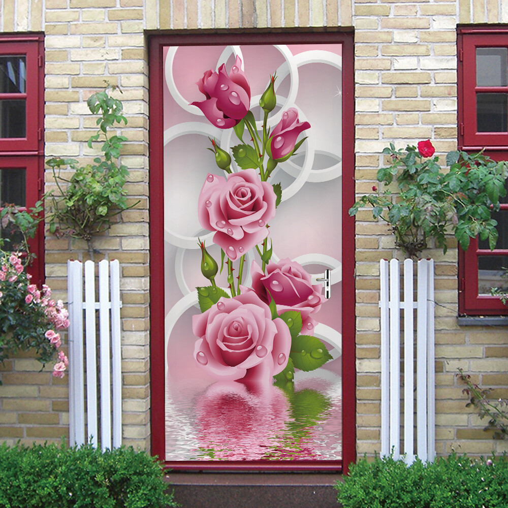 Door, Wall STICKER – Pink Flower 3D Self-adhesive Waterproof Murals Decal Cover
