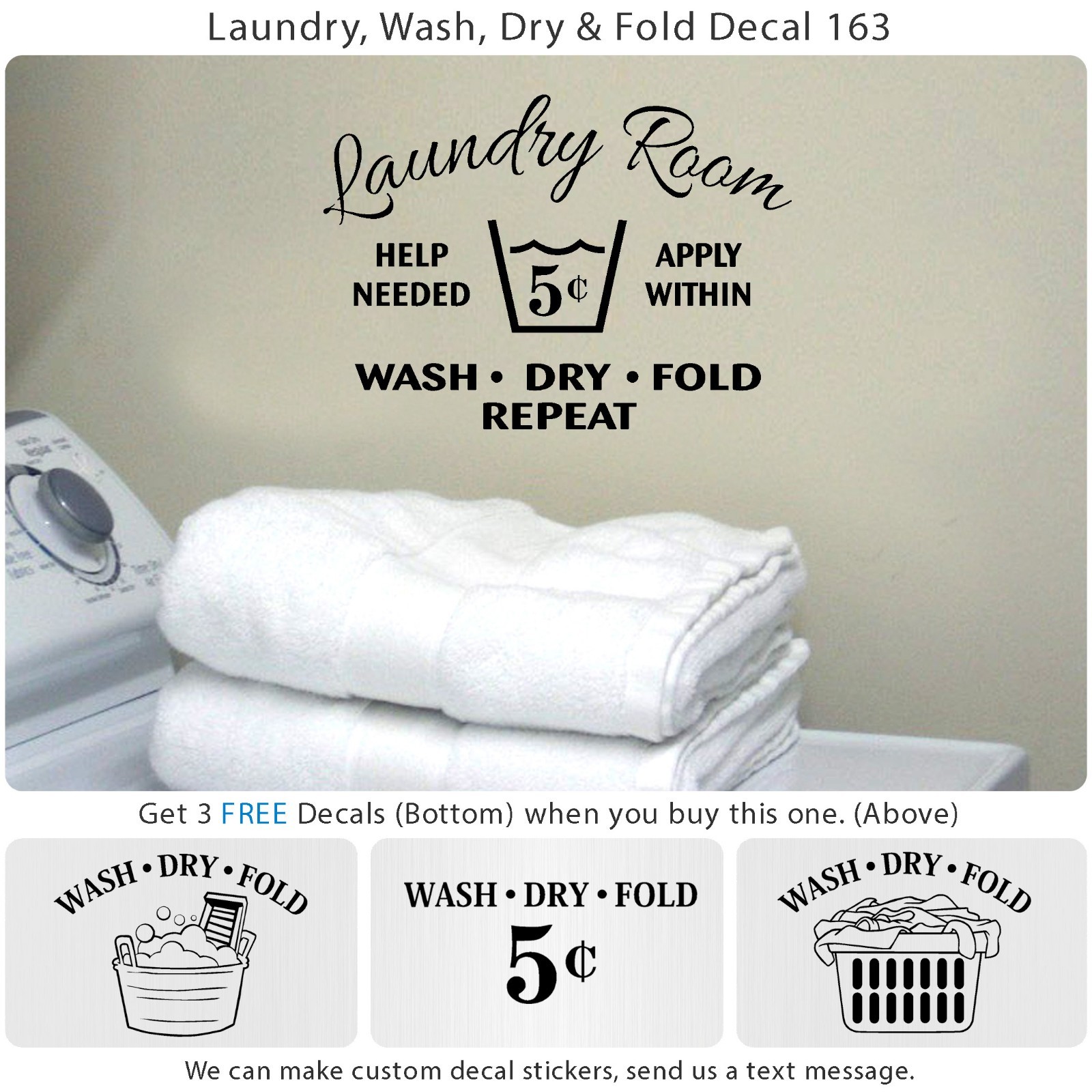 Laundry Room Wash Dry Fold Door Wall Vinyl 5 cent Sticker Decor Art Decal 163