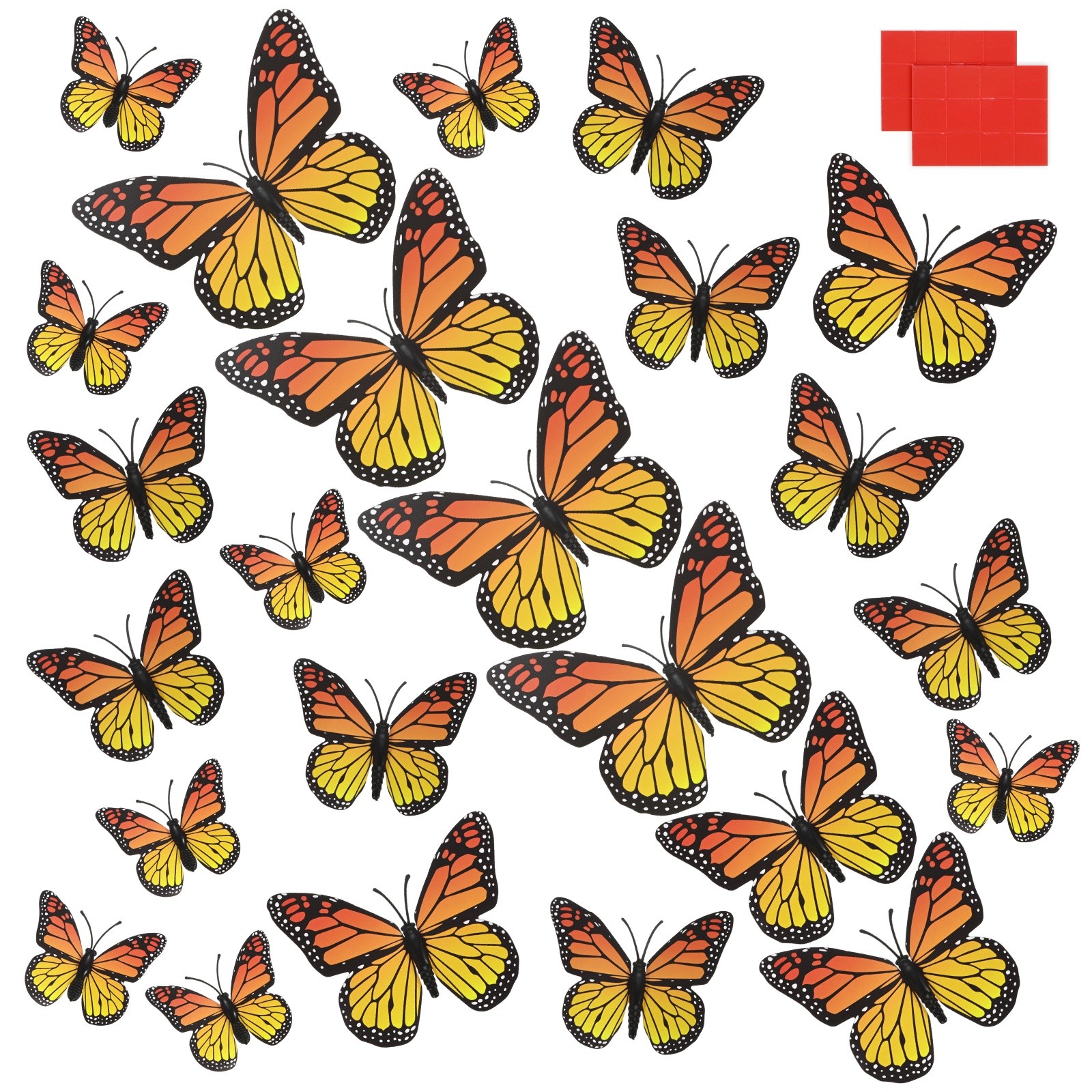 24 Pack Monarch Butterfly Decorations, 3D for Wall [Orange, 4 Sizes]