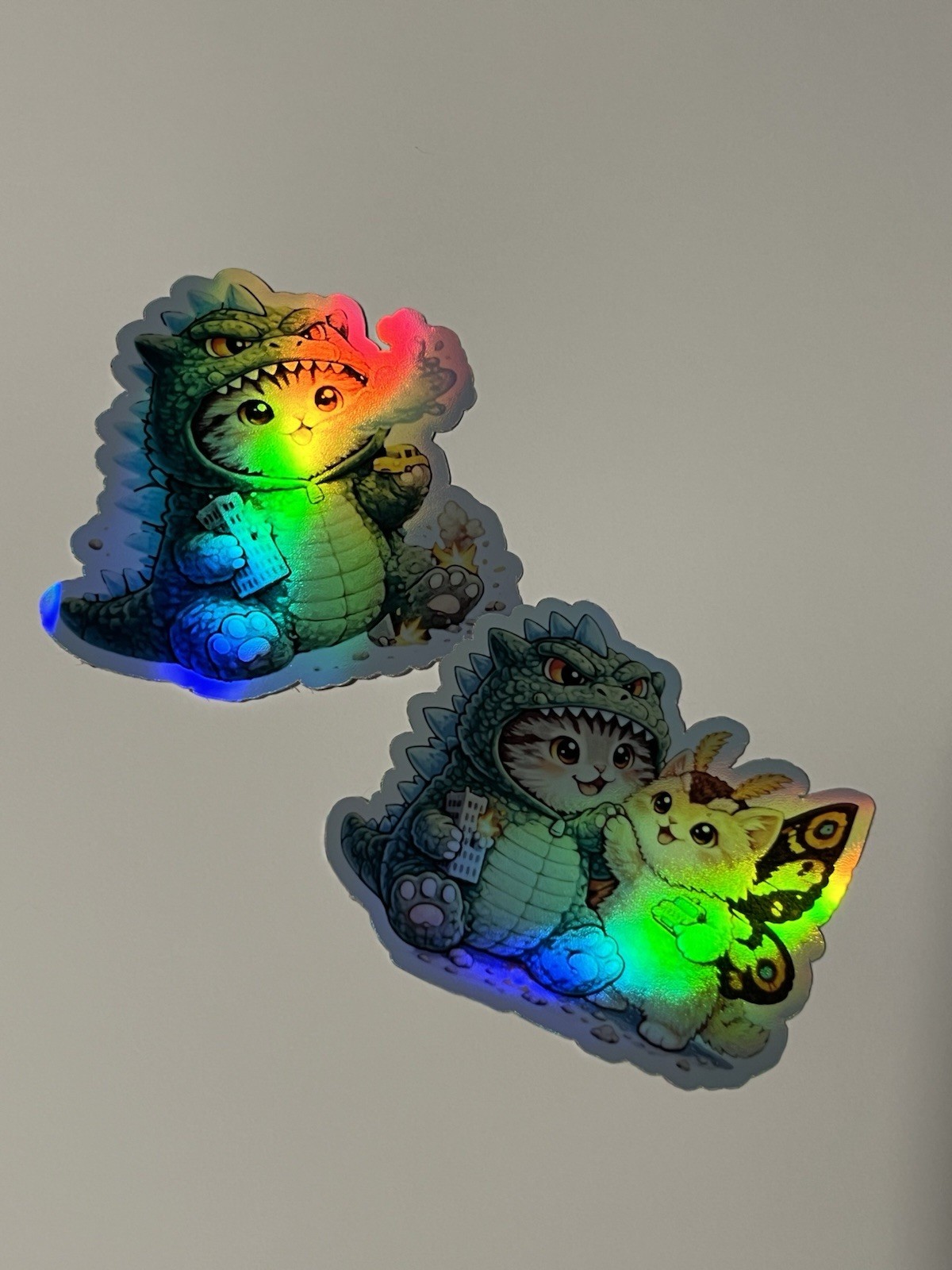 Godzilla Catzilla & Kitty Mothra Cute 3 Inch Waterproof Holographic Sticker Set