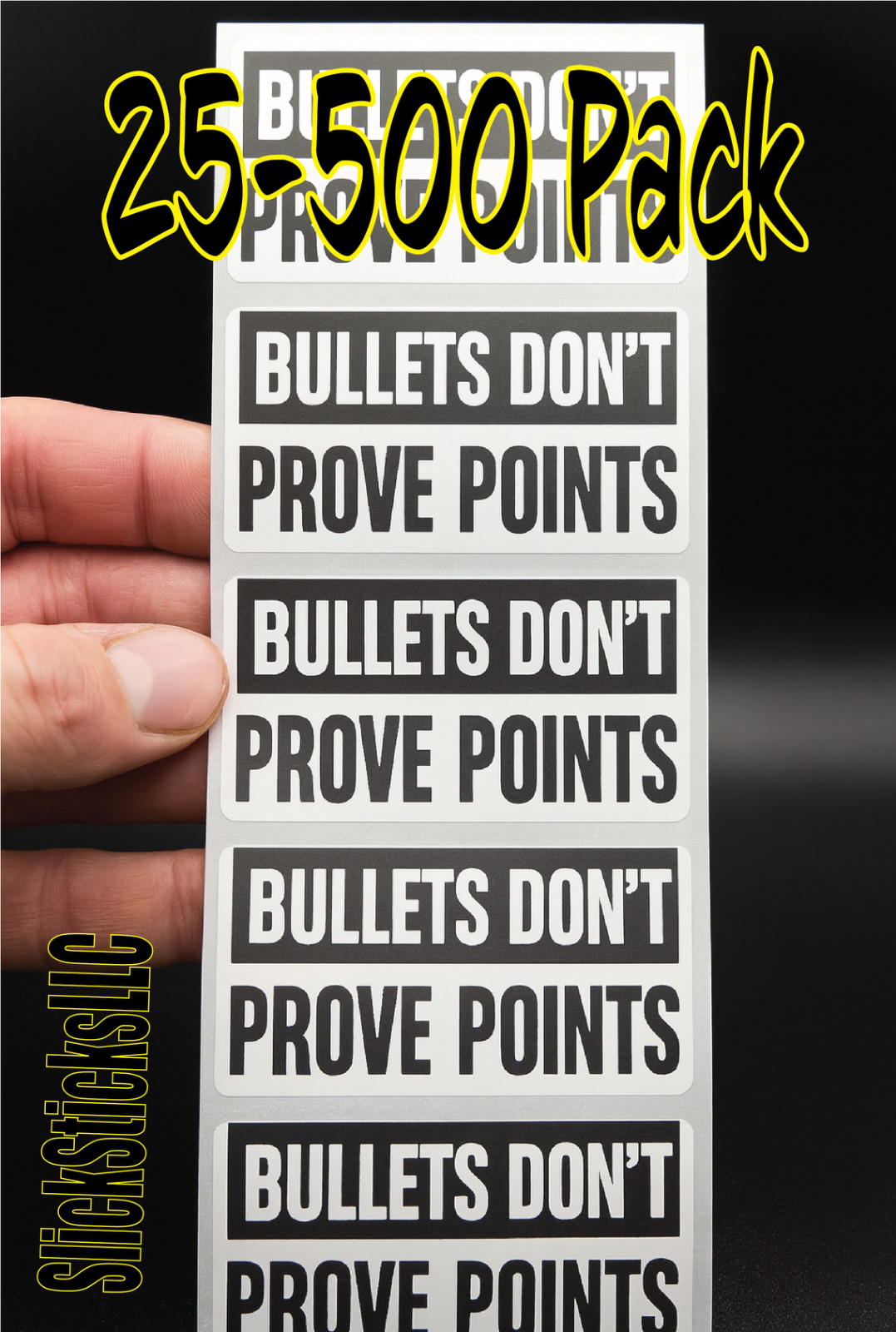 “BULLETS DON’T PROVE POINTS” 25-500pc stickers bulk labels silence opinion kirk