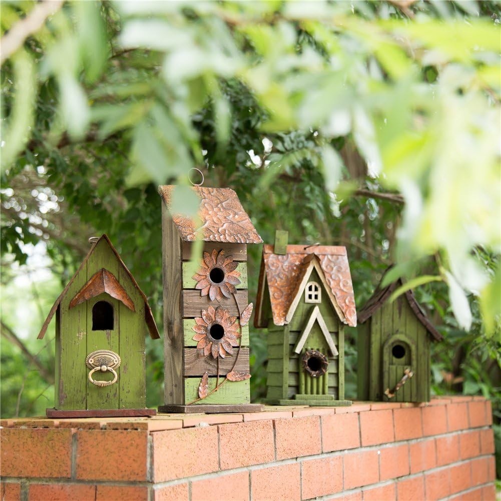 12″ H Green Hanging Distressed Solid Wood Garden Bird House Decorative Birdhouse