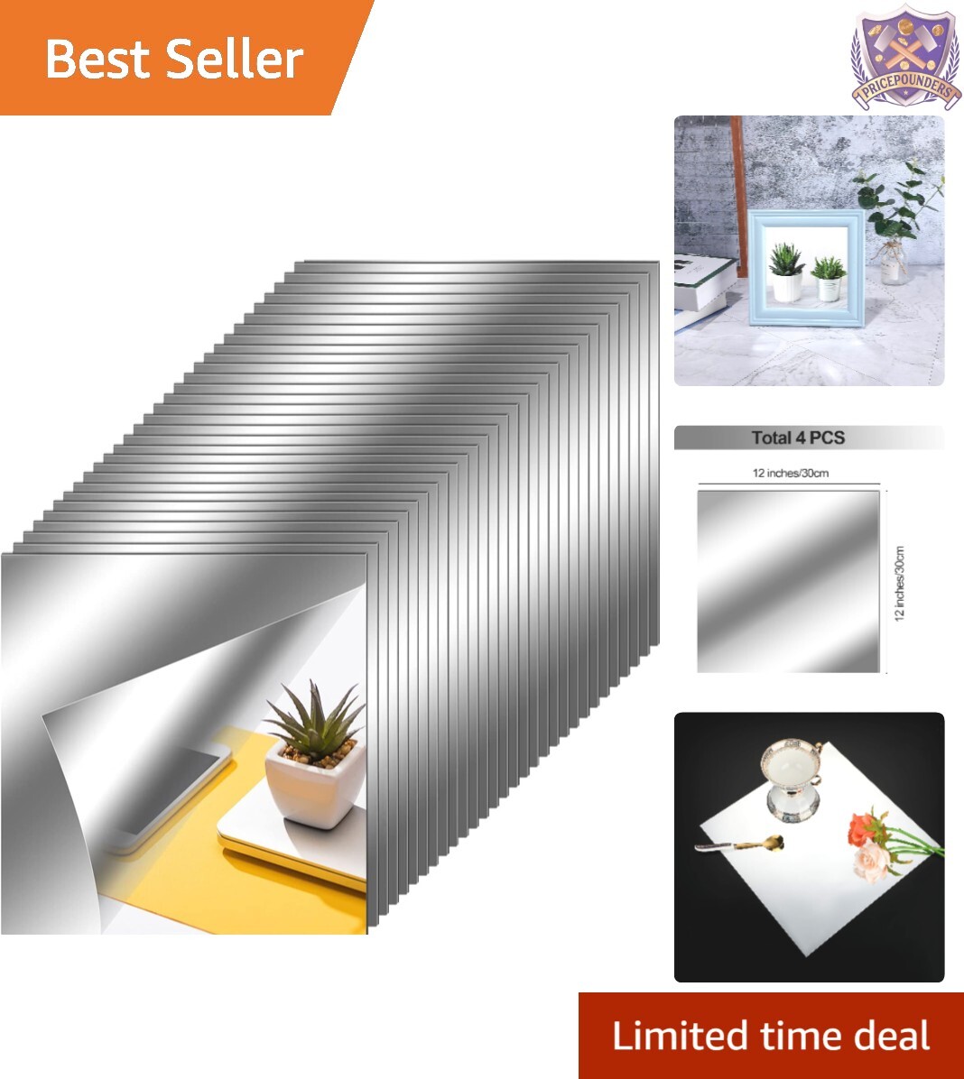 Mirror Sheets PET 12x12in Adhesive Reflective Wall Decor 30 Pieces Home Use