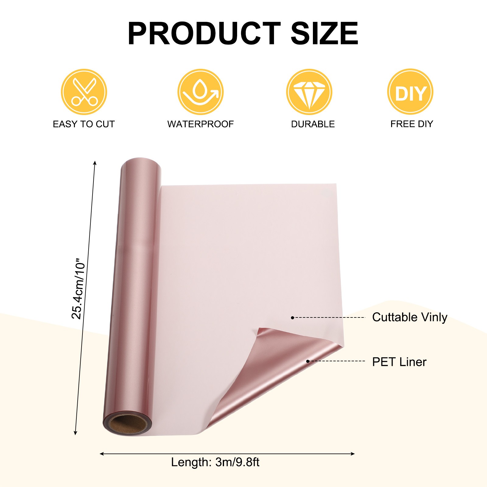 Rose Gold Permanent Vinyl, 10 Inch x 9.8ft Vinyl Roll