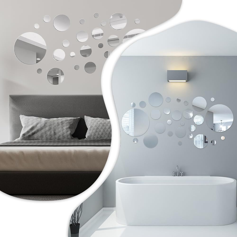 32Pcs Round Acrylic Mirror Stickers Wall Decor Decals DIY Self-Adhesive Wall Art