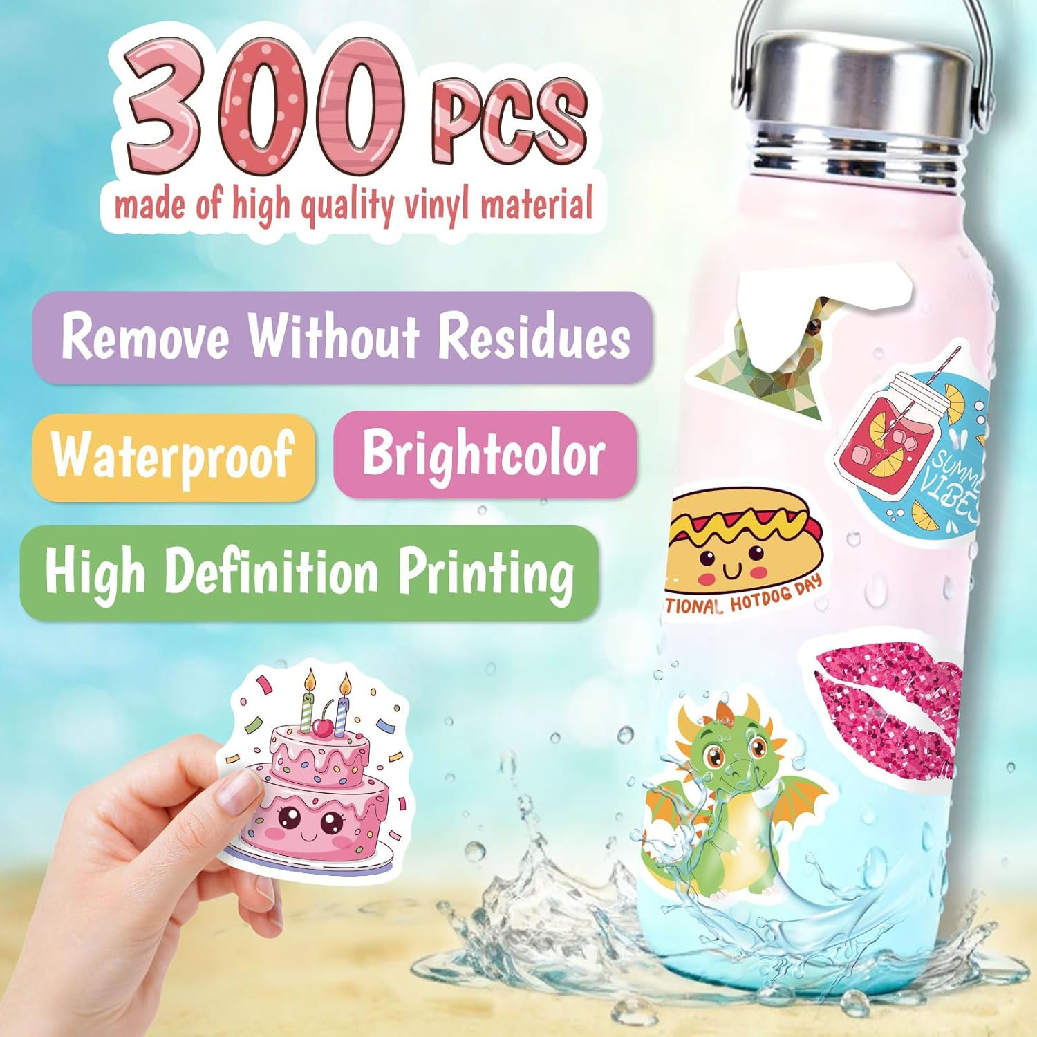 300 PCS Cute Stickers for Kids,Water Bottle Sticker Pack for Teens Girls Boys,Ka