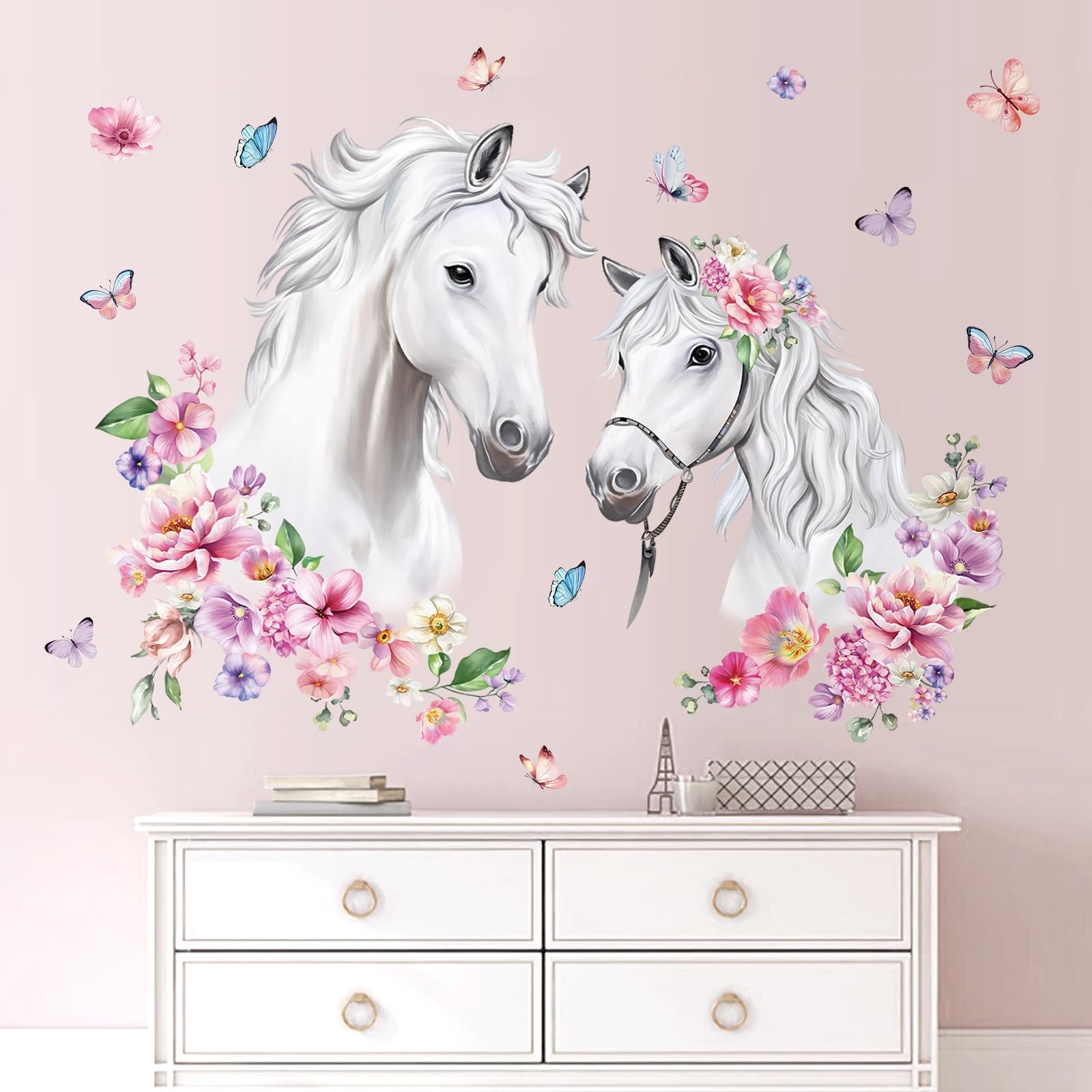 White Horse Flower Wall Decals Farm Animal Floral Butterfly Wall Stickers Bab…