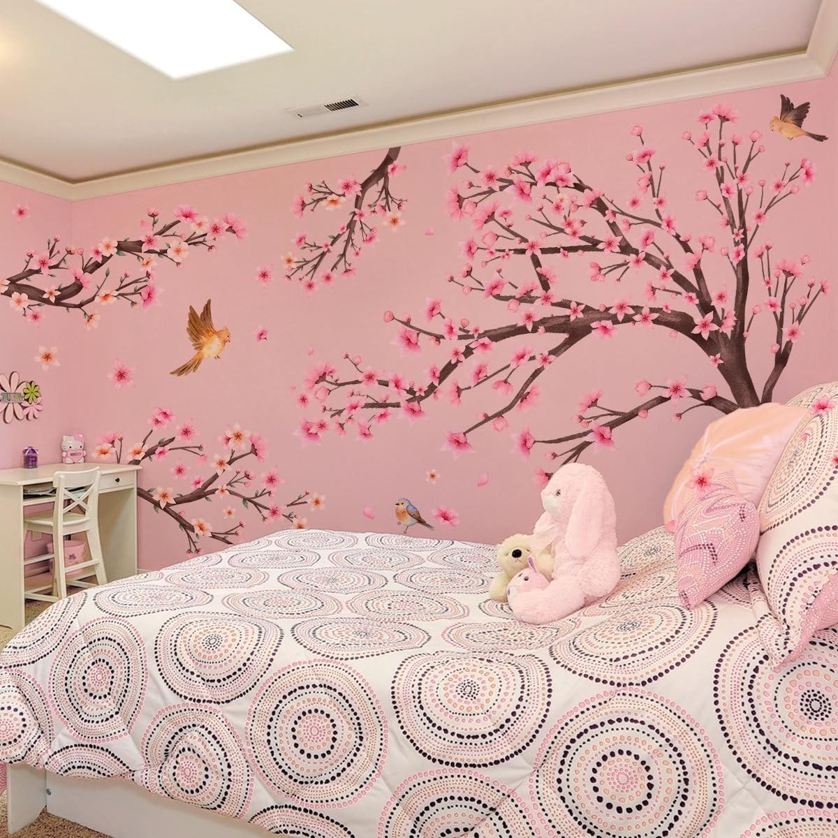 Large Pink Cherry Blossom Wall Decals – Floral Birds Tree Branch Stickers for Ho