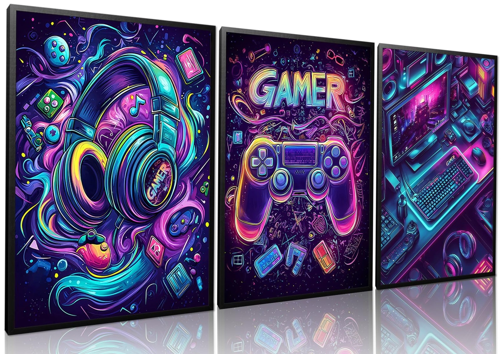 GAMER Gaming Room Canvas Wall Art Set of 3, Game Posters Wall Decor, Gamer Pa…