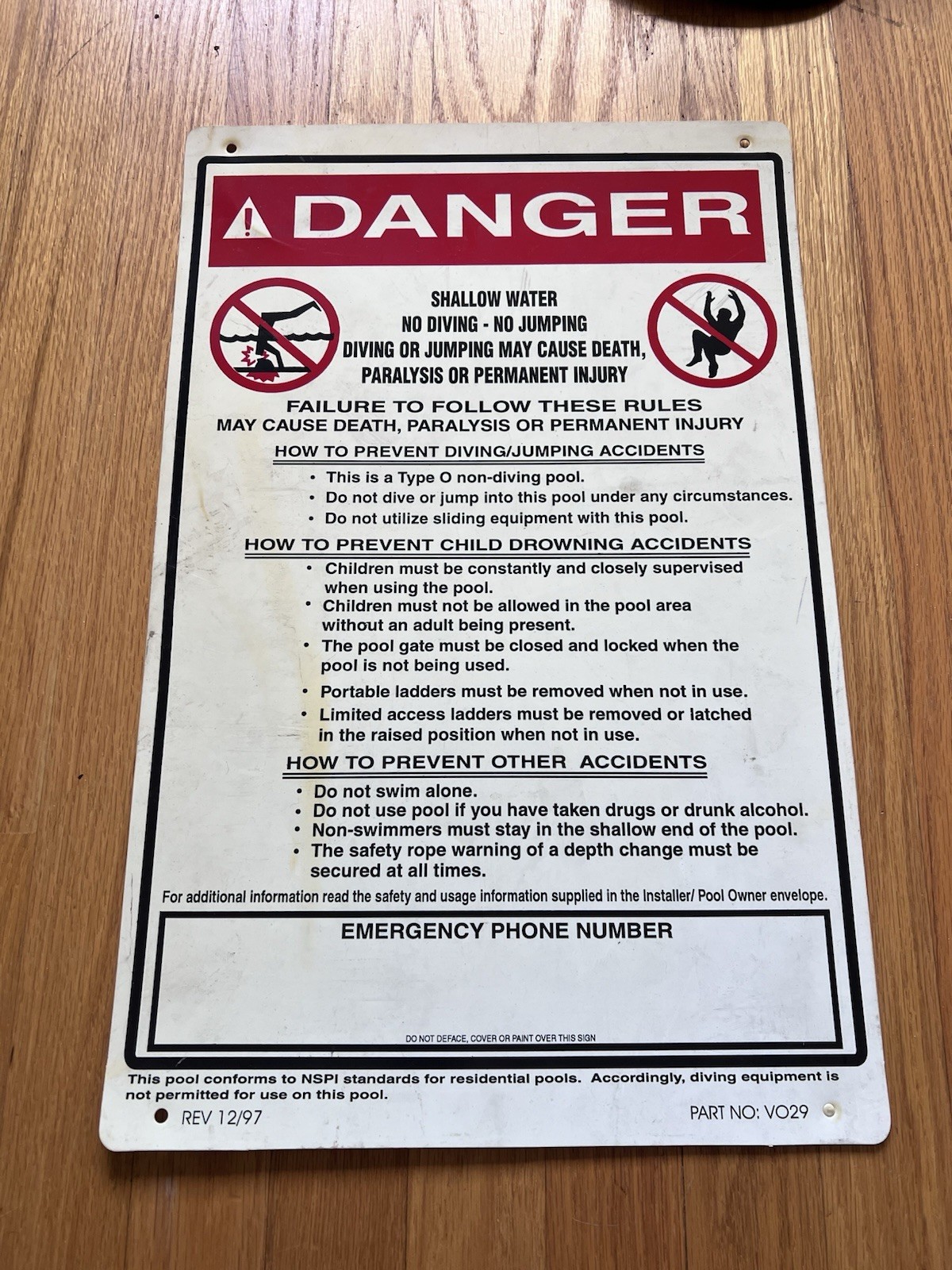 Danger NO Diving Shallow Water LARGE Pool Safety Sign School Park Apartment