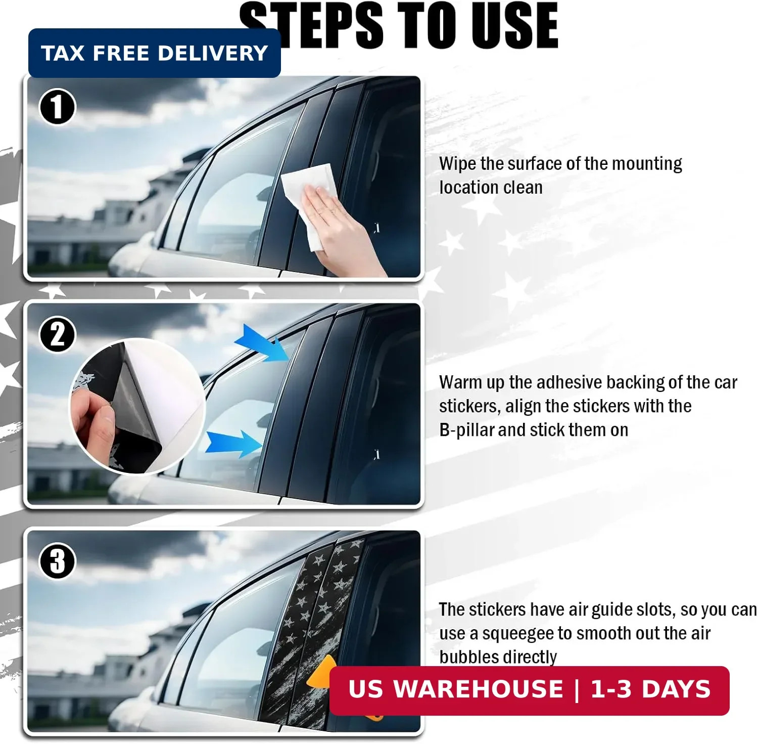 2PCS Extended American Flag Car B Pillar Sticker Decal,Retro Car Pillar Decals f