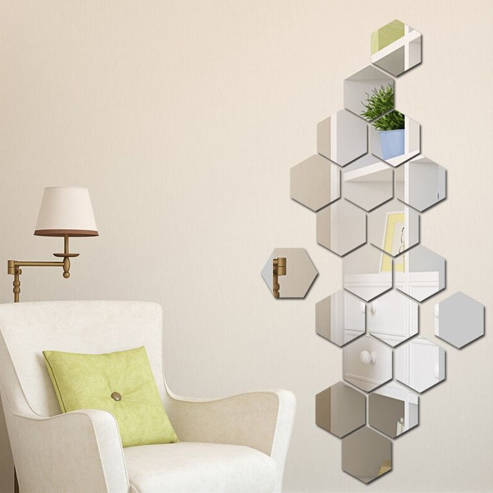 12Pcs Flexible Hexagon Mirror Stickers DIY Splicing Living Room Wall Art