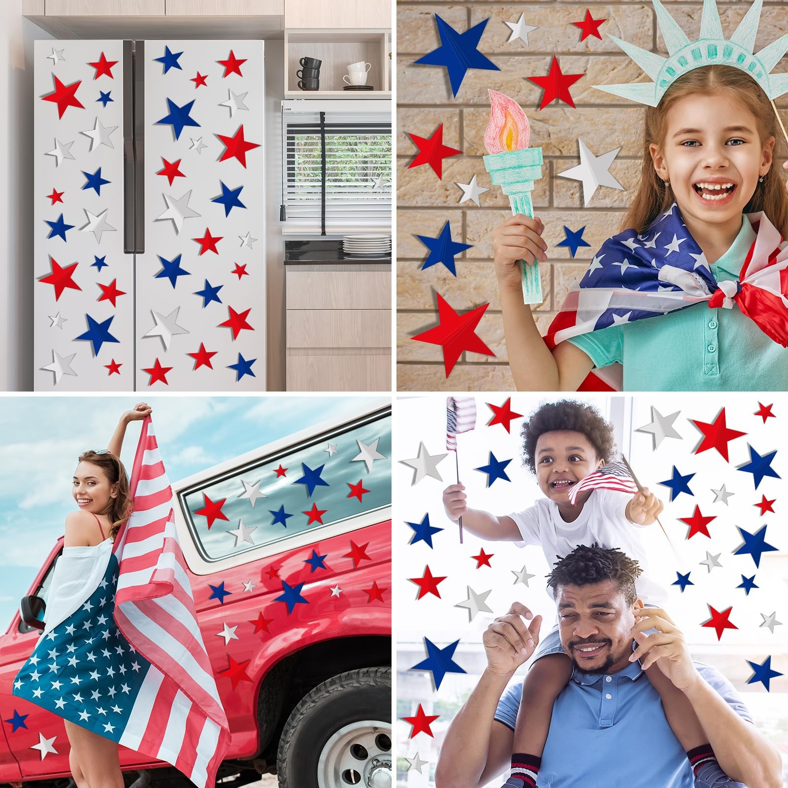 72Pcs 3D Patriotic Wall Stickers Red Blue White Star Window Decals 4th of July R