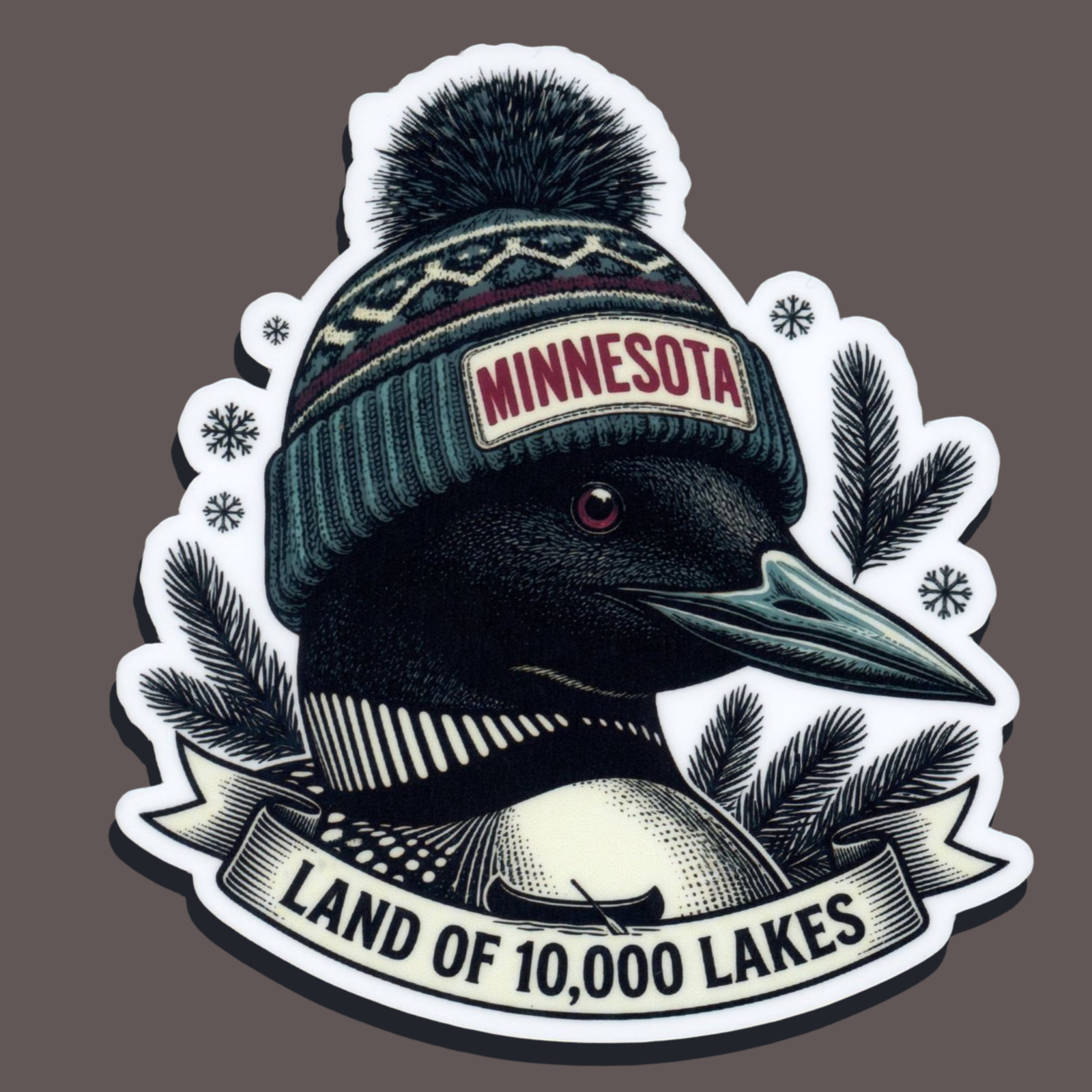Minnesota Loon Sticker – Winter Beanie, Pine Branch, Land of 10,000 Lakes