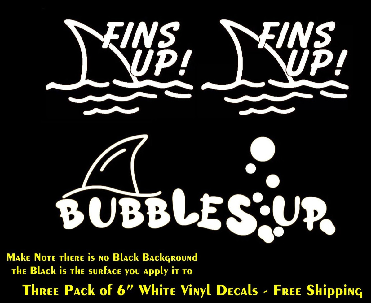 Fins Up! & Bubbles Up 3 Pack 6″ Indoor Matte White Vinyl Decals Walls Doors