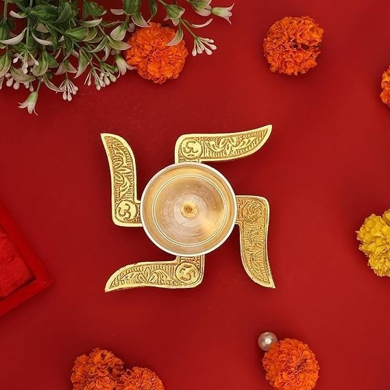 Swastik Akhand Diya for Puja with Gift Box, Gold & White Akhand Diyas Pooja Room