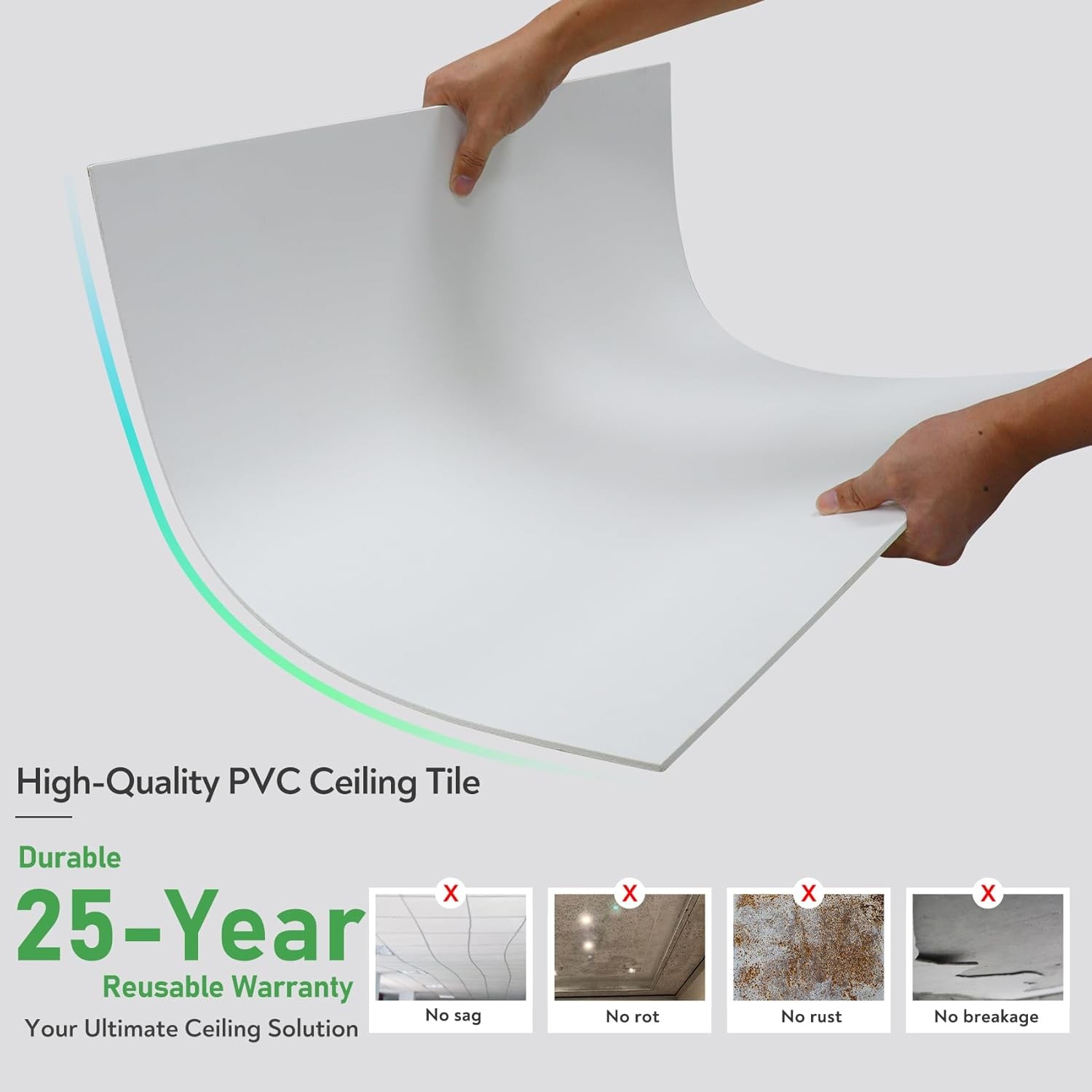 Smooth Drop Ceiling Tiles 2 x2ft, PVC Ceiling Tile 24×24″ Waterproof, Fire-Rated