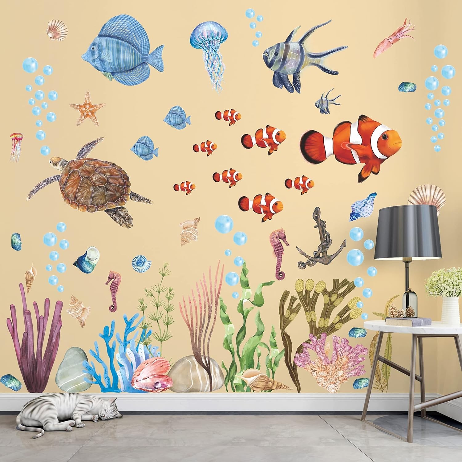 3D Ocean Wall Stickers Under The Sea Decals 12 inch x 18 inch, Blue