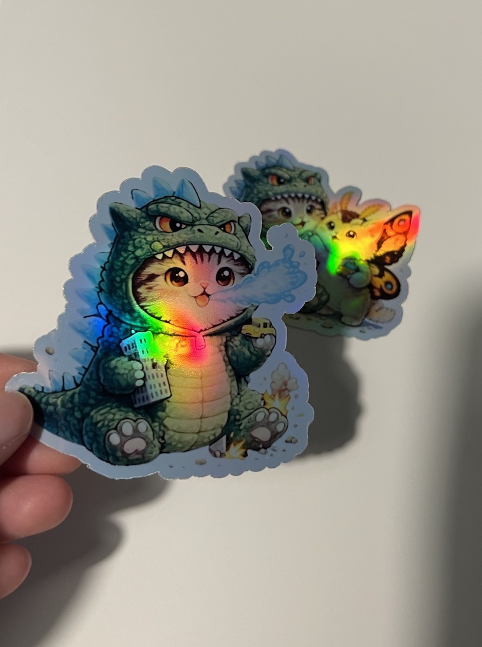Godzilla Catzilla & Kitty Mothra Cute 3 Inch Waterproof Holographic Sticker Set