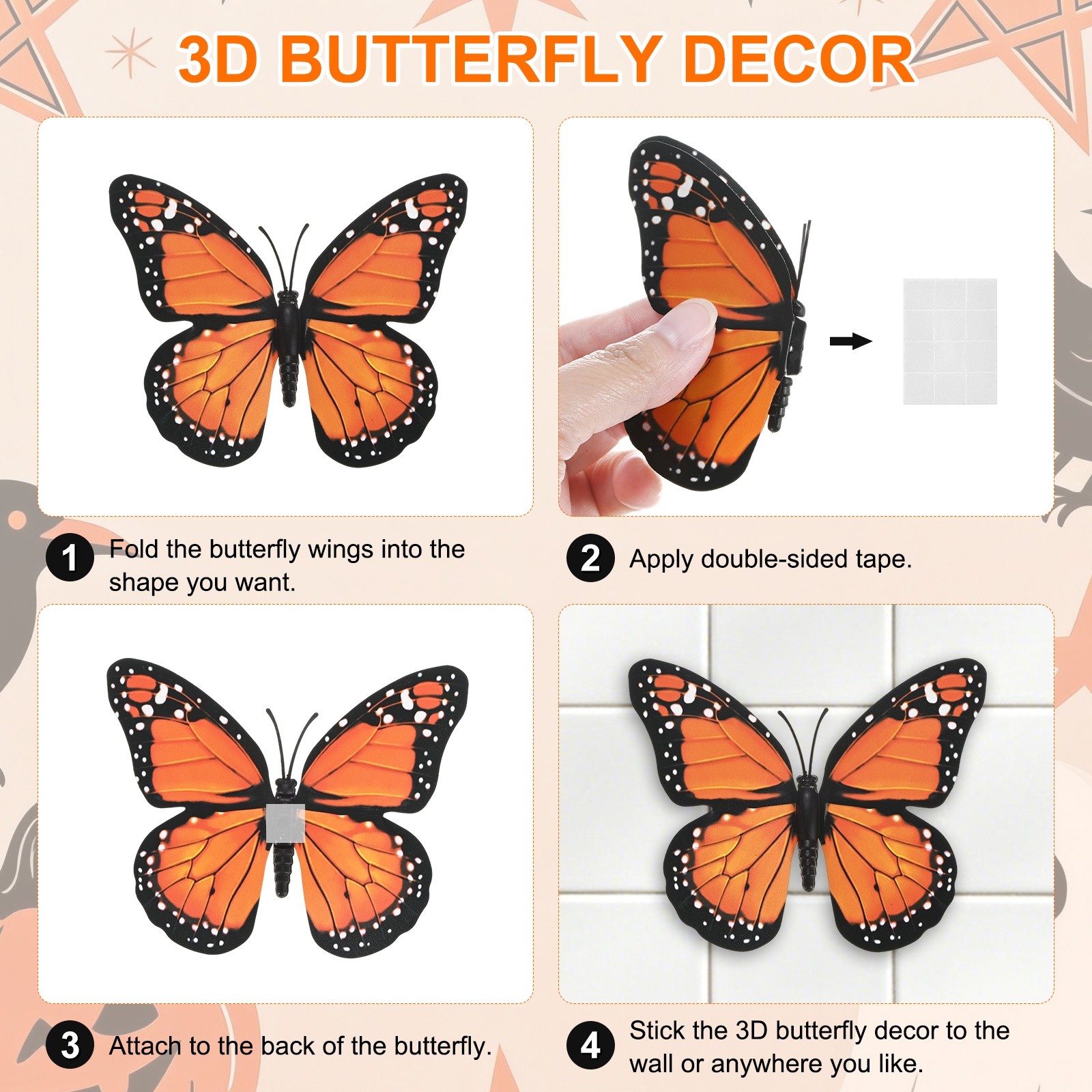 24pcs 3D Monarch Butterfly Decorations, for Wall [Orange, 10x8cm]