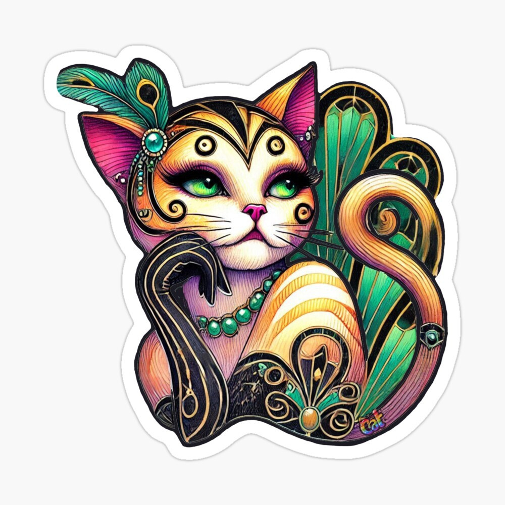 Art Deco Cat Diva Cat Sticker by C Autumn Trapp Original Art 3″ x 3″