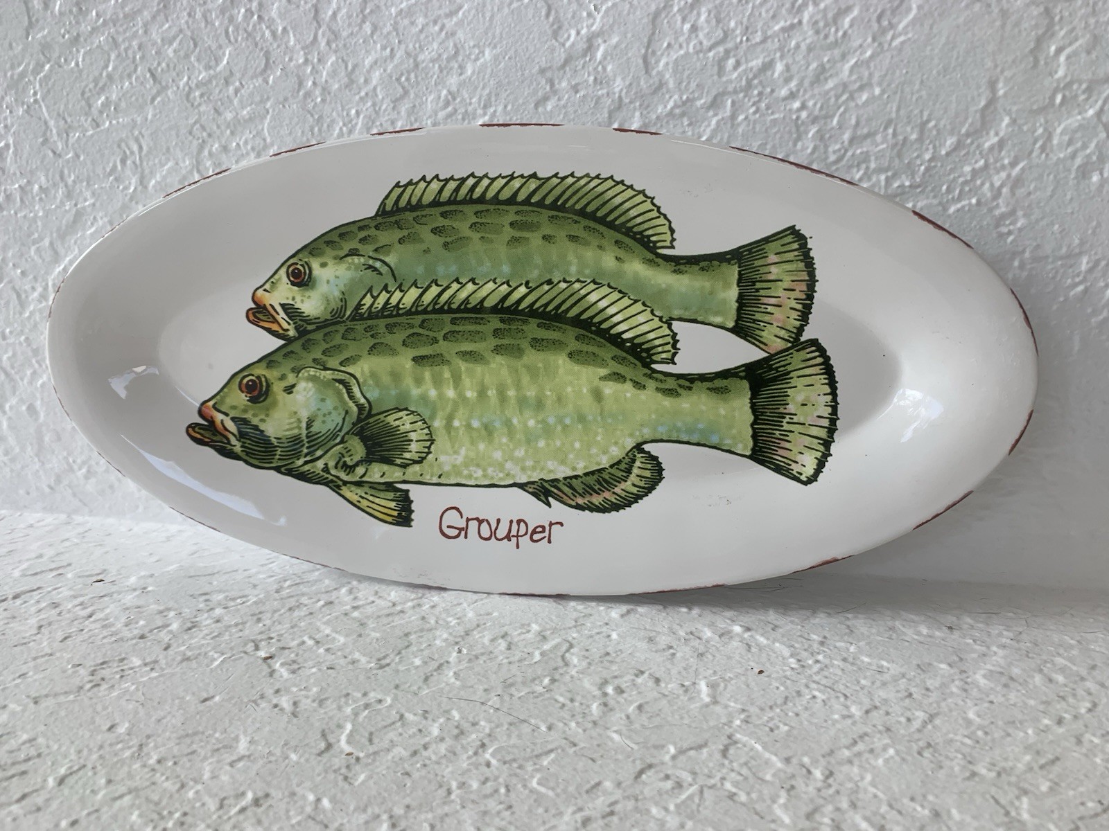 Mud Pie Grouper Design Oval Shape 13”x 6” Wall Hanging Ceramic Green Fish Dish