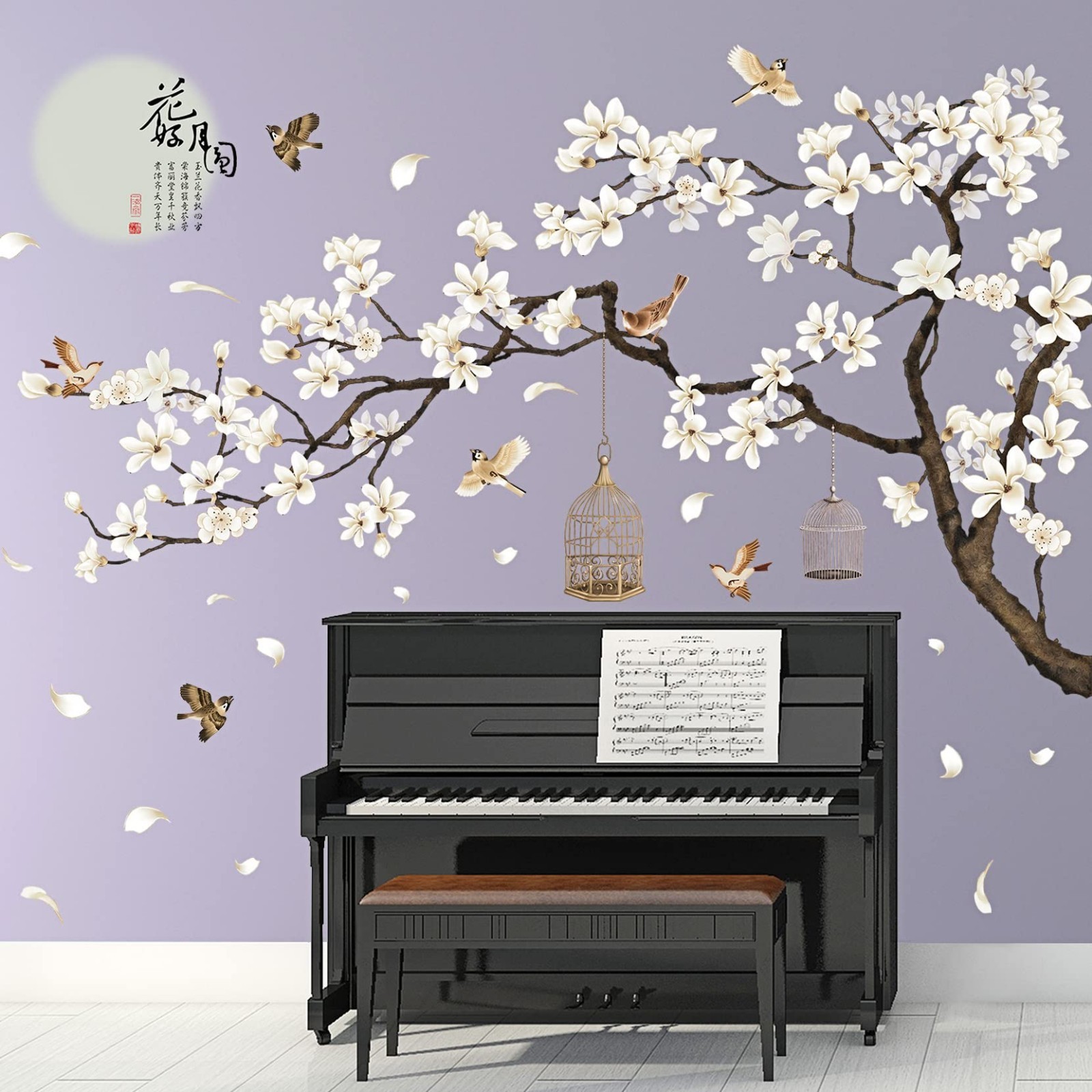 Removable Chinese Style Wall Stickers – White Flowers, Black Tree & Birds Decor,