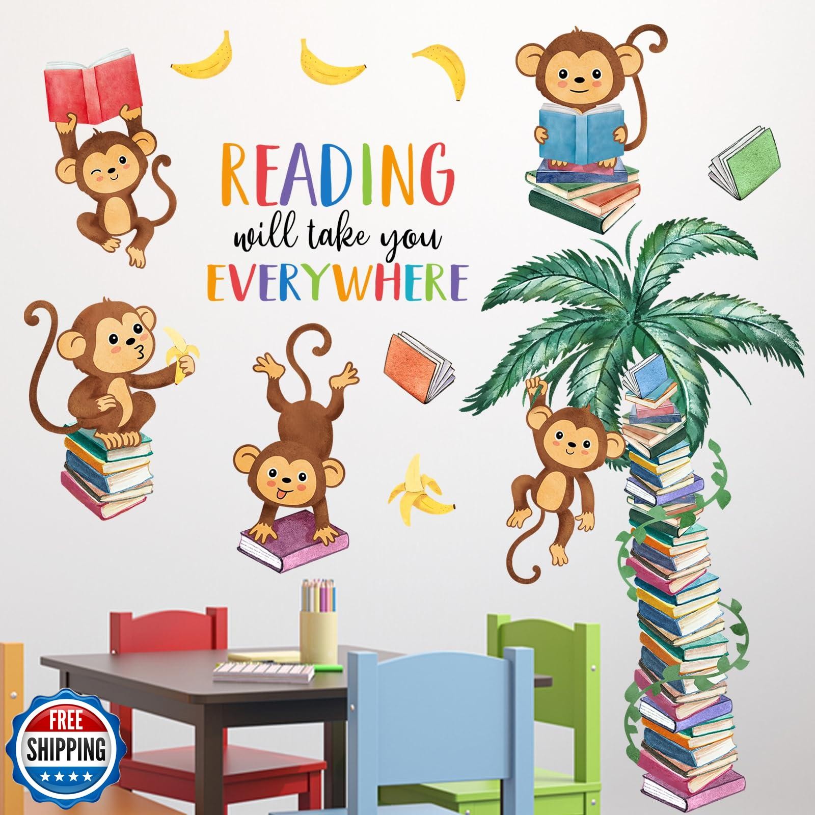 Mfault Monkey Reading Book Wall Decals Stickers, Reading Will Take You Everyw