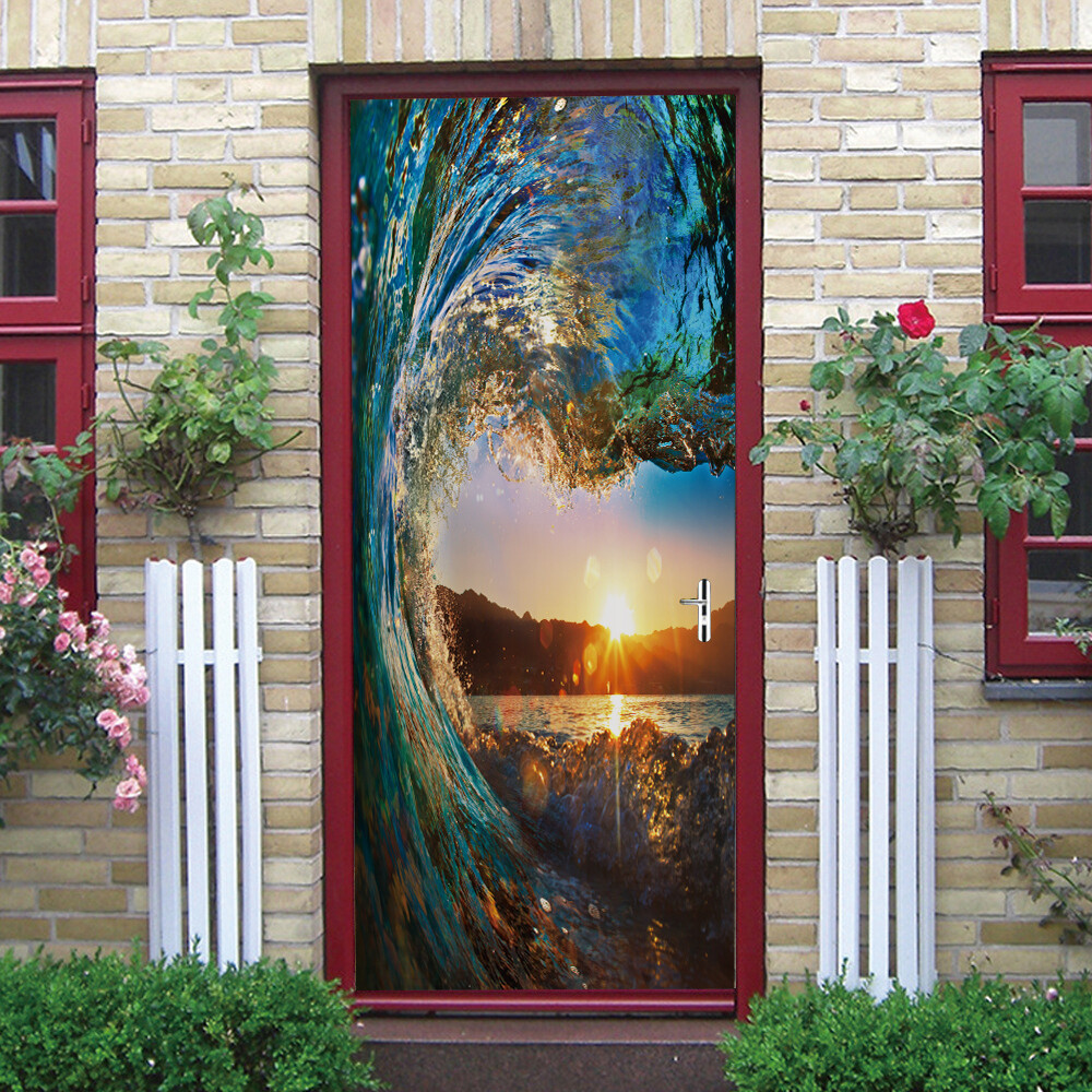 Door, Wall STICKER – Sea Wave Sunset Scenery 3D Waterproof Murals Decal Cover