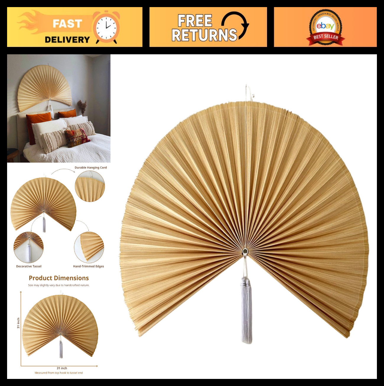 Boho Folding Wall Fan Decor – Japanese Chinese Style Hanging Art for Bedroom