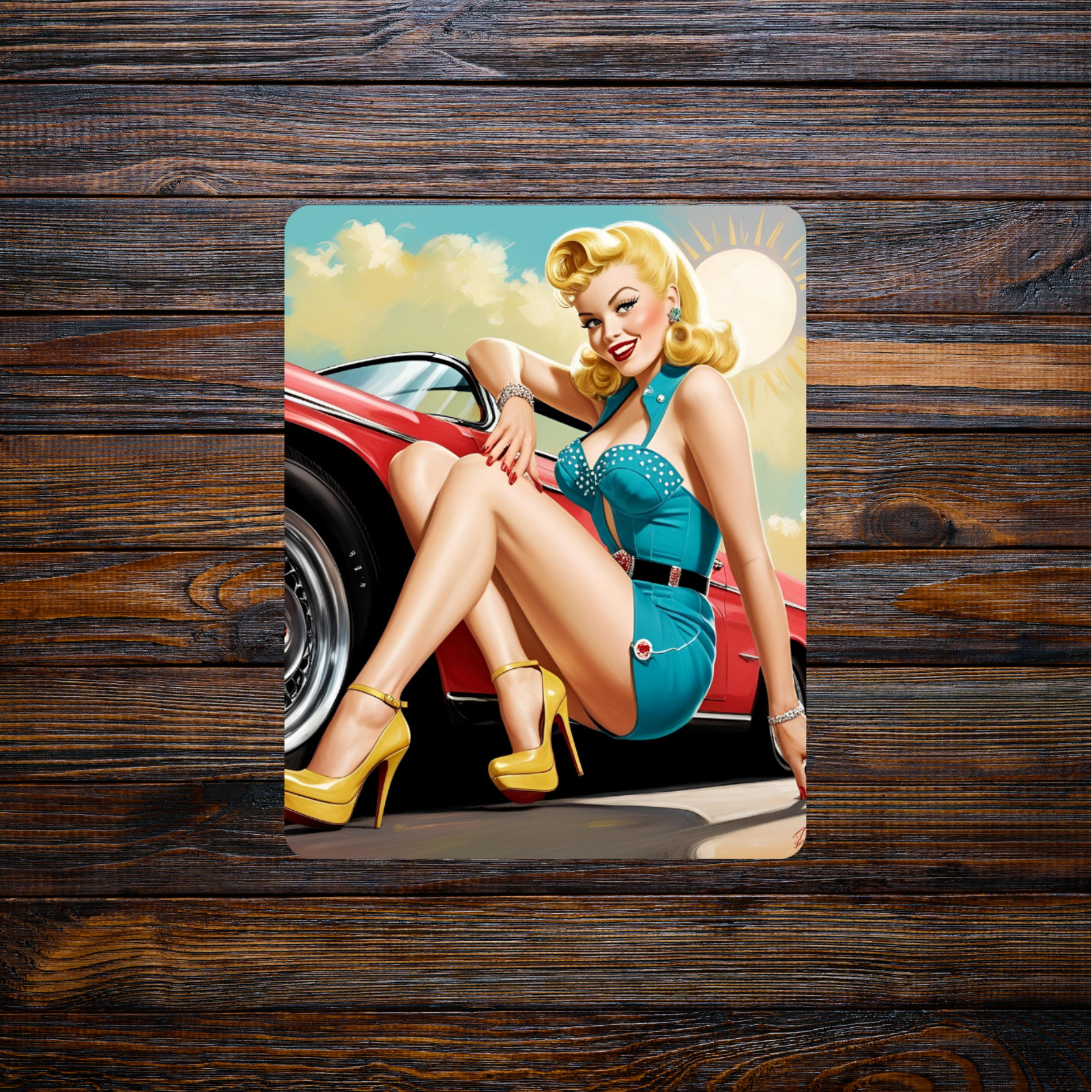 Blonde pinup woman sticker vinyl decal retro classic car busty sexy high heels