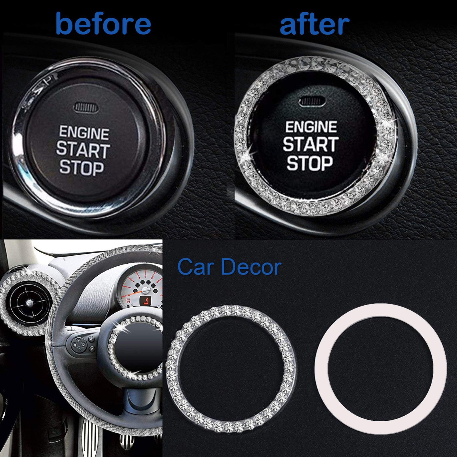 2pcs Bling Car Engine Start Button Cover Diamond Crystal Push Start Stop Butt…