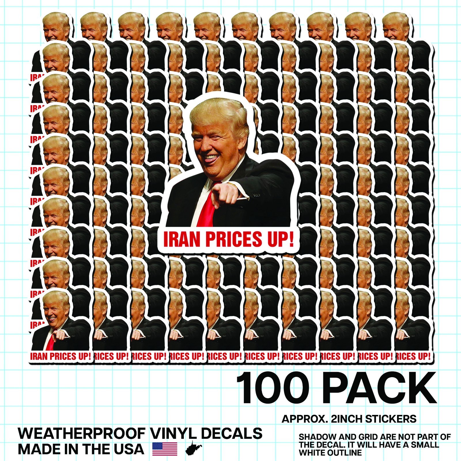 Trump “Iran Prices Up!” Sticker 100 Pack Funny Political Gas Meme Decal 2″