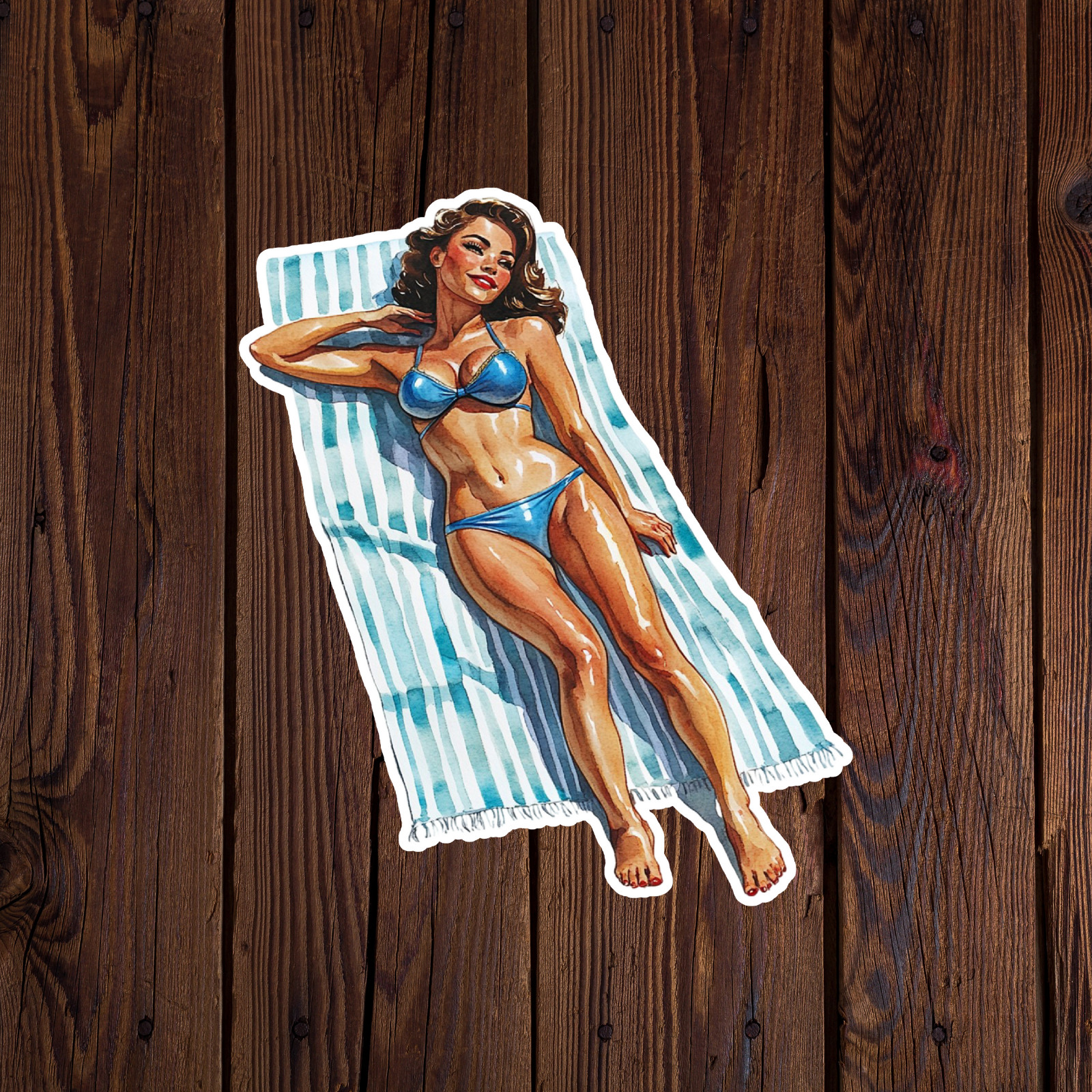 Pinup girl sticker vinyl decal brown hair sexy seductive cleavage bikini feet