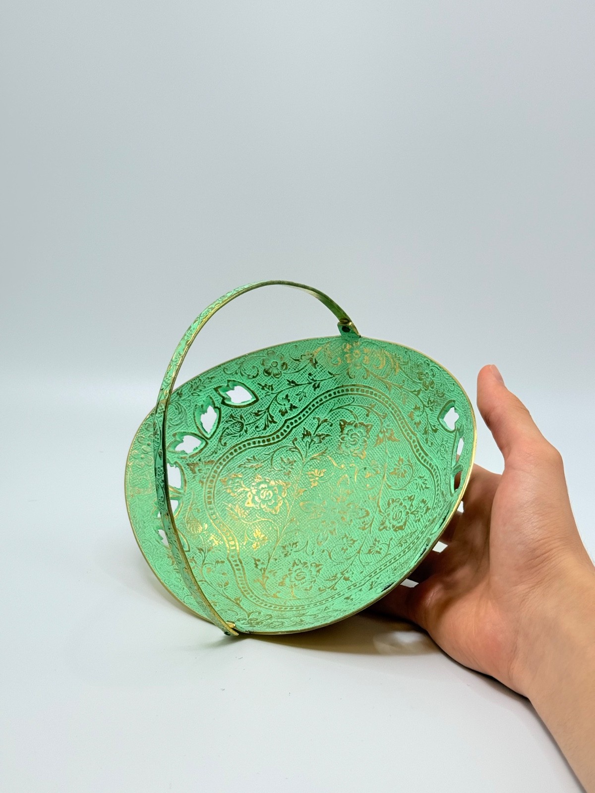 Vintage Green Copper Basket 🪔 Decorative Bowl with Handle