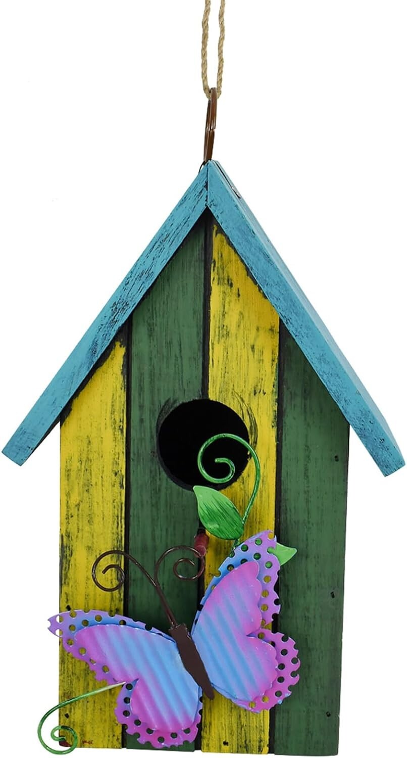 Wooden Decorative Hanging Bird House Hand Painted Birds Box with (Butterfly)