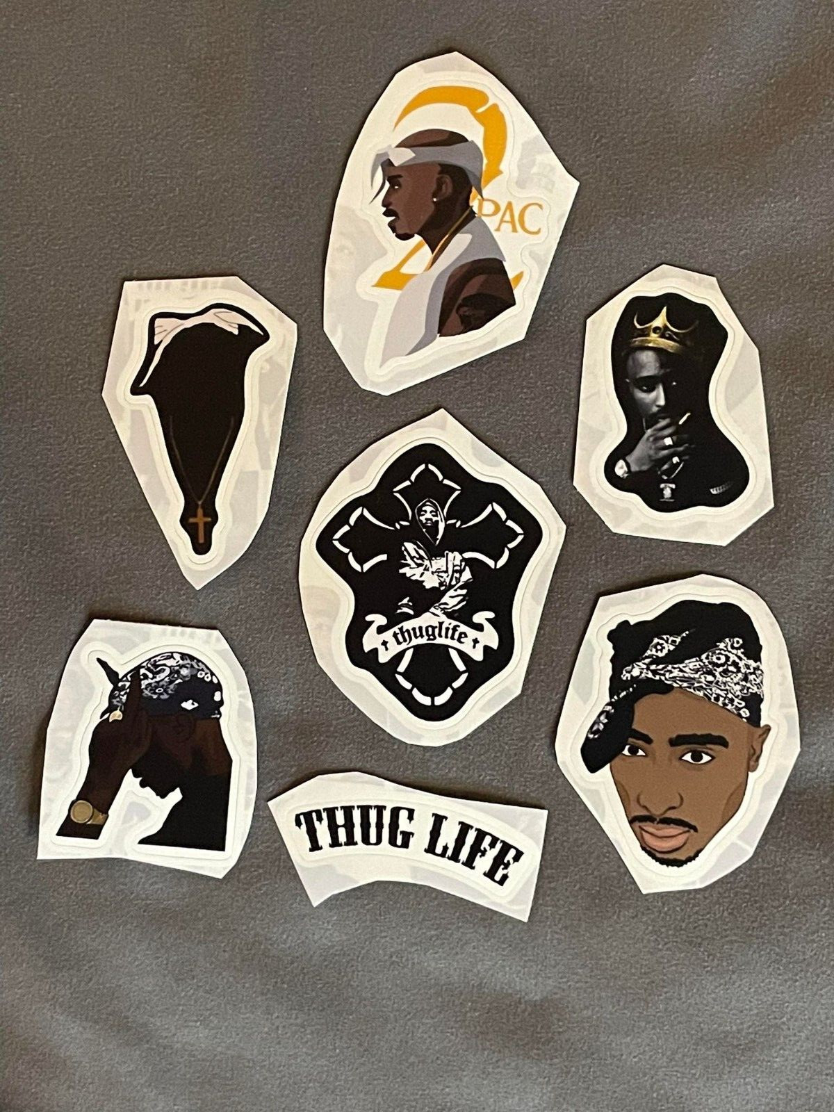 Lot (7) TUPAC SHAKUR 1/2″ to 2 1/2″ Rap STICKERS Fast! FREE SHIP! 2PAC Makaveli
