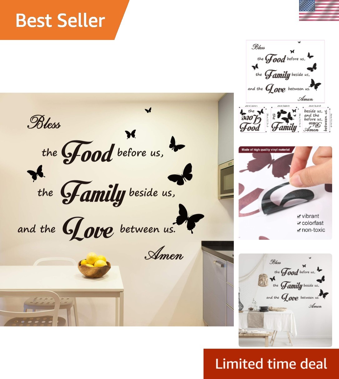 Wall Decor Stickers for Dining Room – Bless the Food and Family Quotes (3 Pack)