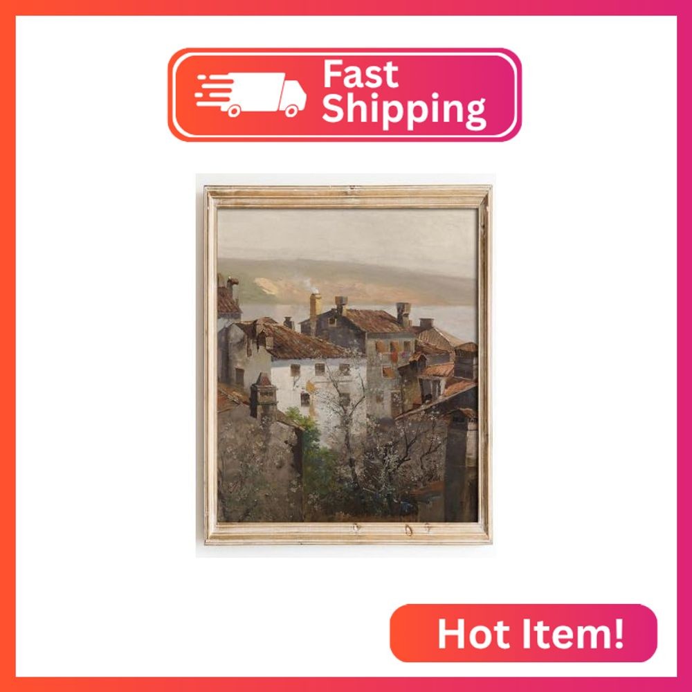 Kizbok Vintage Wall Art – Retro Rustic European Cityscape Canvas Oil Painting fo