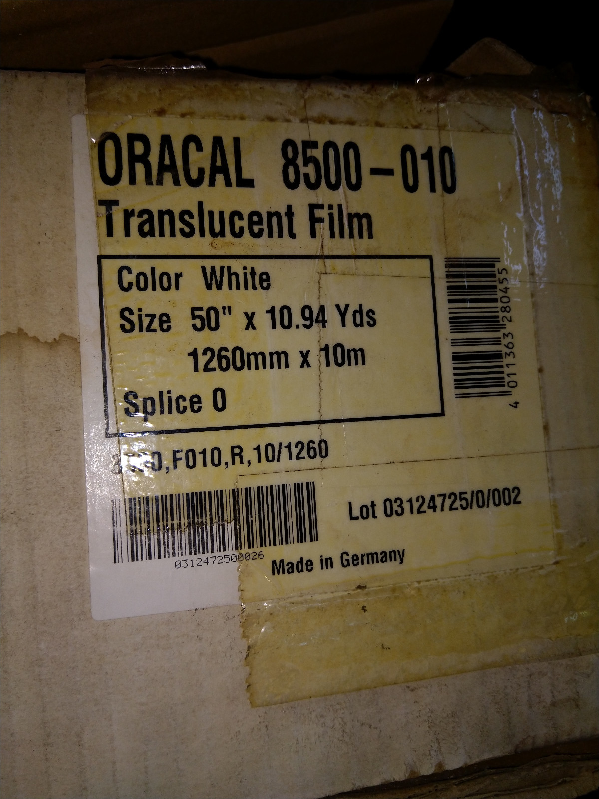 Oracal 8500-010 White Wrap Vinyl Translucent Calendered Film Size: 50″X10.94 Yds