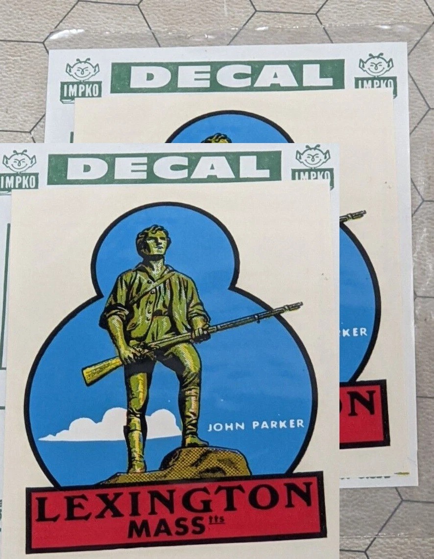 Lexington Mass John Parker Statue 3″ x 4″ Lot of 2 Vintage Impko Decals!