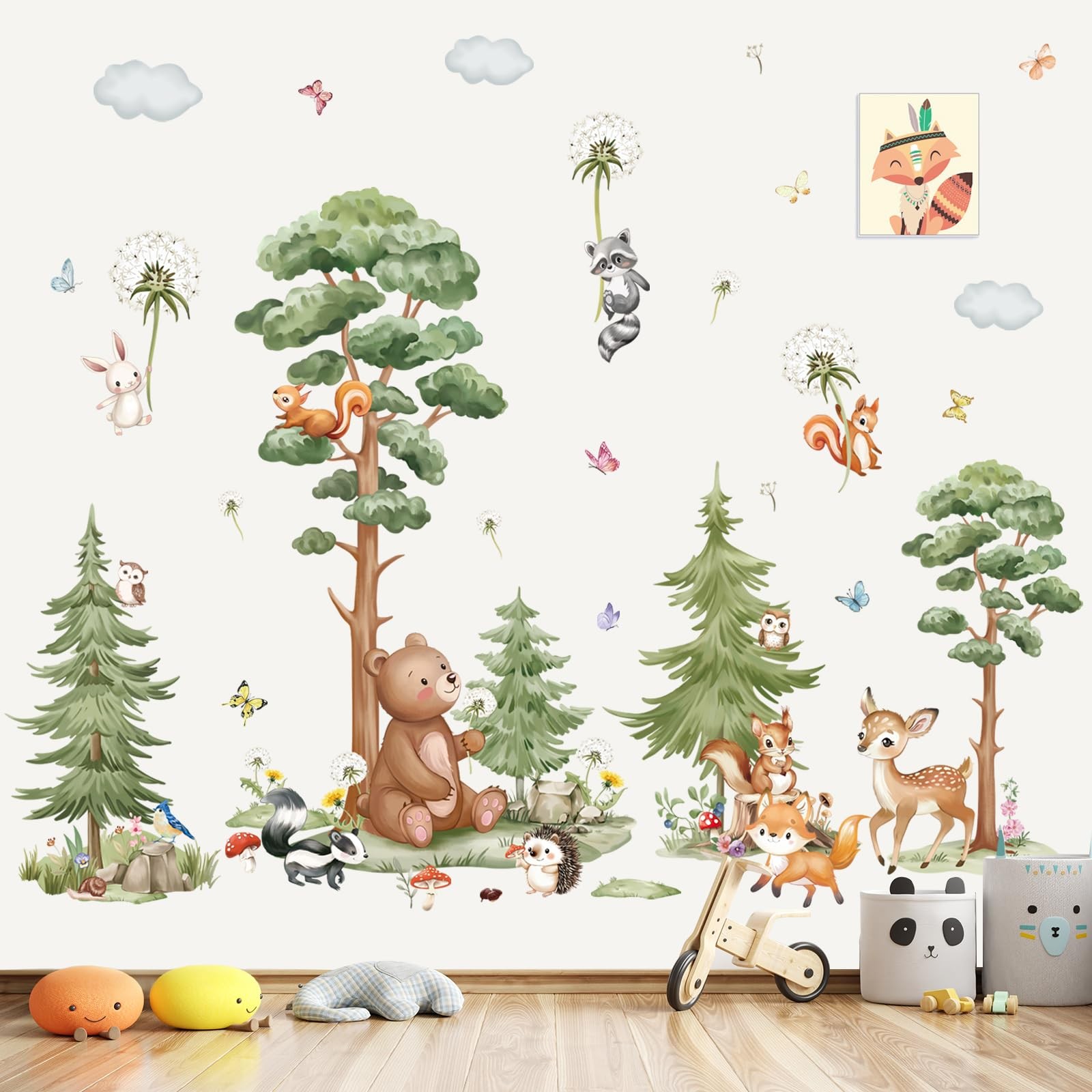 Large Woodland Animal Tree Wall Stickers Forest Animals Bear Deer Dandelion P…