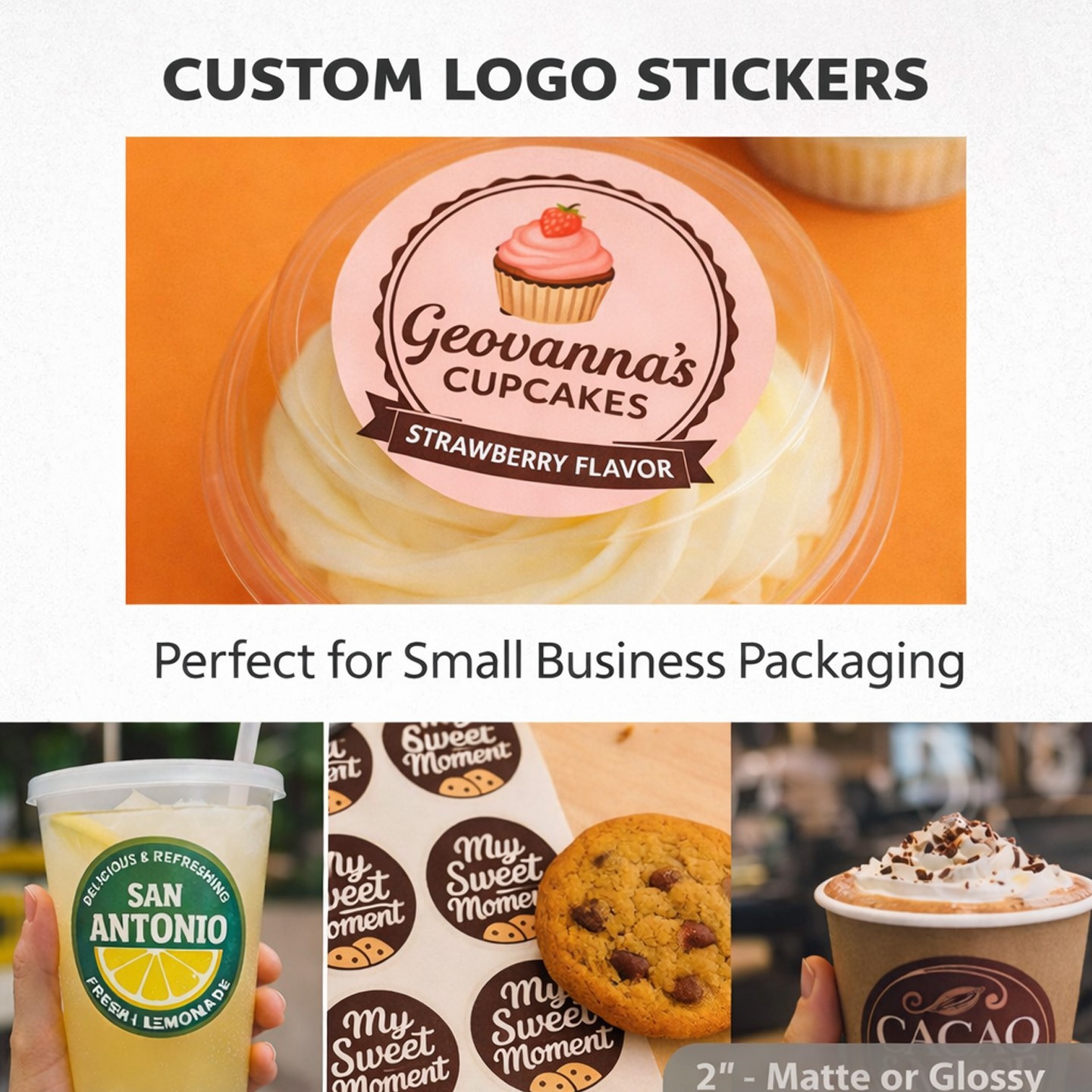 100 Small Business Packaging Stickers Custom Logo Labels 2″ Matte or Glossy