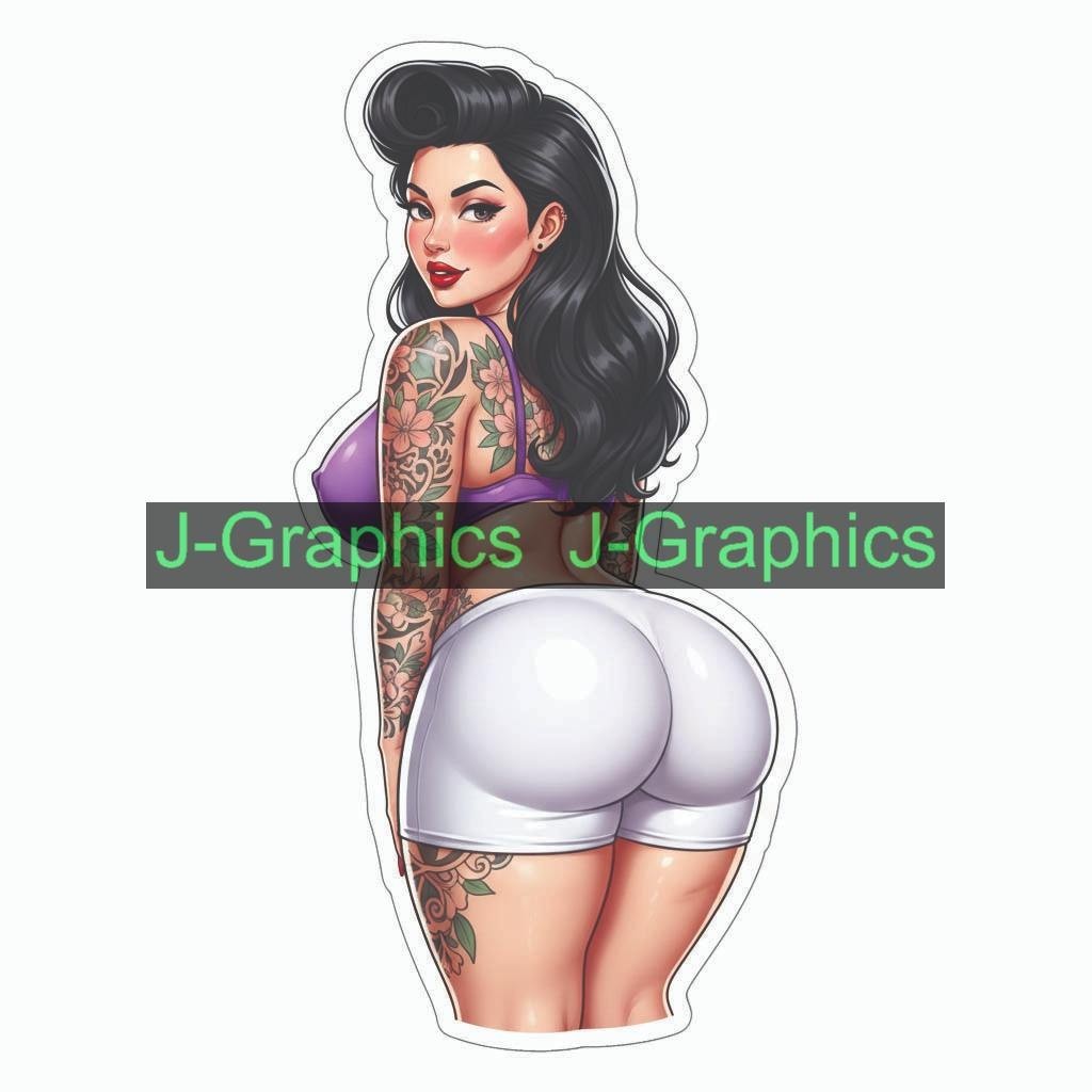 Pinup girl push sticker vinyl decal corset busty cheeky sexy seductive YY